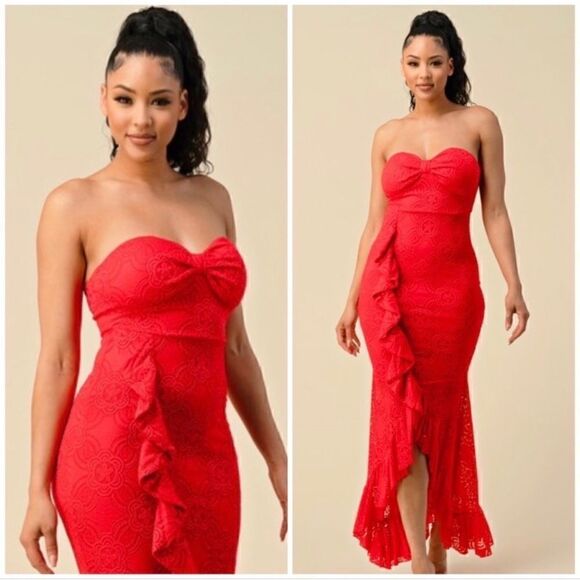 Lipstick Red Long Lace Formal Gown Strapless Flowy Maxi Dress - Picture 3 of 8